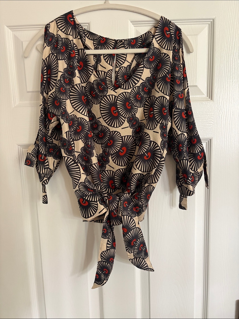 100%Silk Karen Millen Cream Blouse with Black and Red Accents
